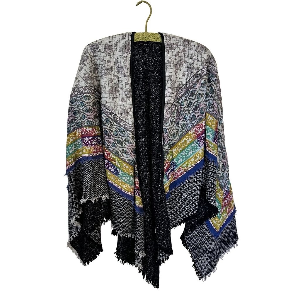Bohemian Womens Poncho Multicolor Fringe Trim Open Front Shawl Wrap OS Tie Dye